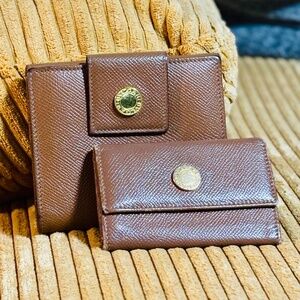 BUNDLE Bvlgari Matching Women's Brown Tan Leather Compact Snap Wallet & Key Case